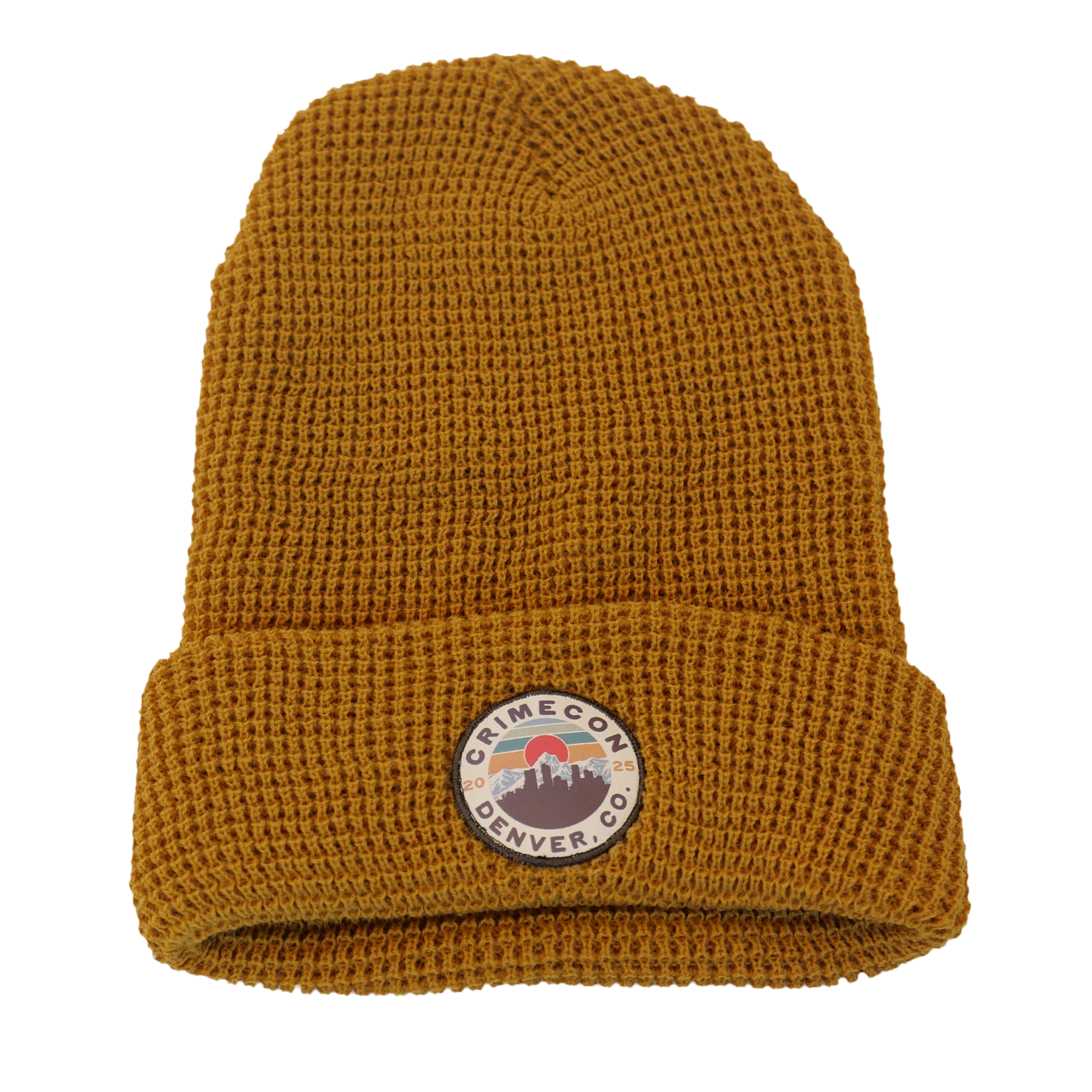 Brown knit beanie with a logo patch on a white background