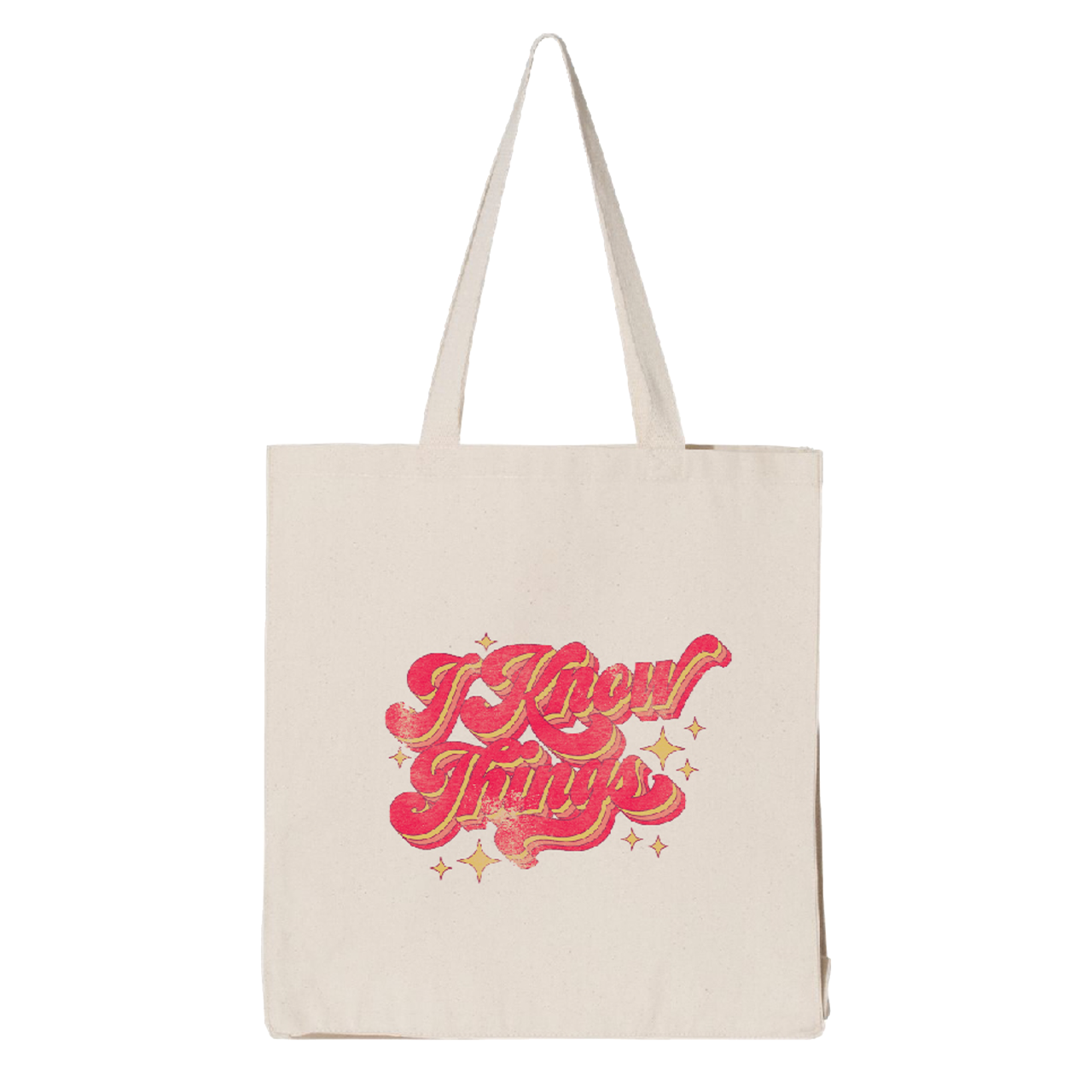 Canvas tote bag with a colorful retro-style graphic design saying ’I Know Things’.