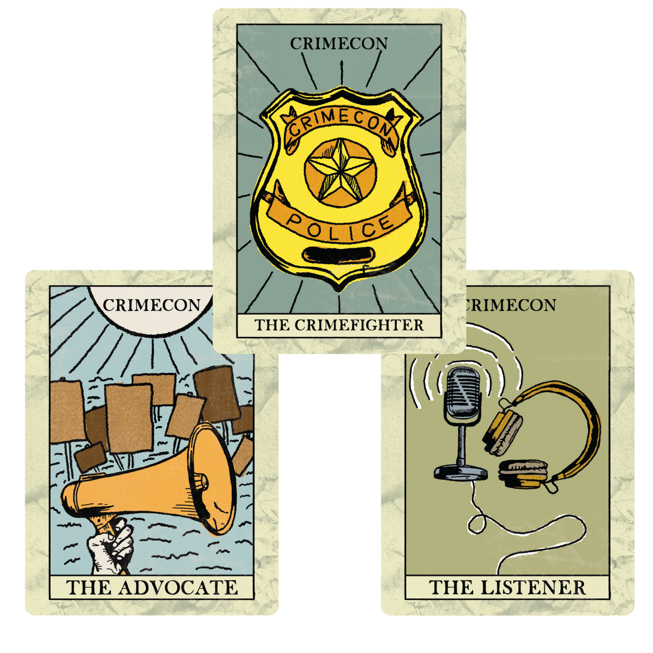 Three Crimecon-themed cards with illustrations and text on a white background