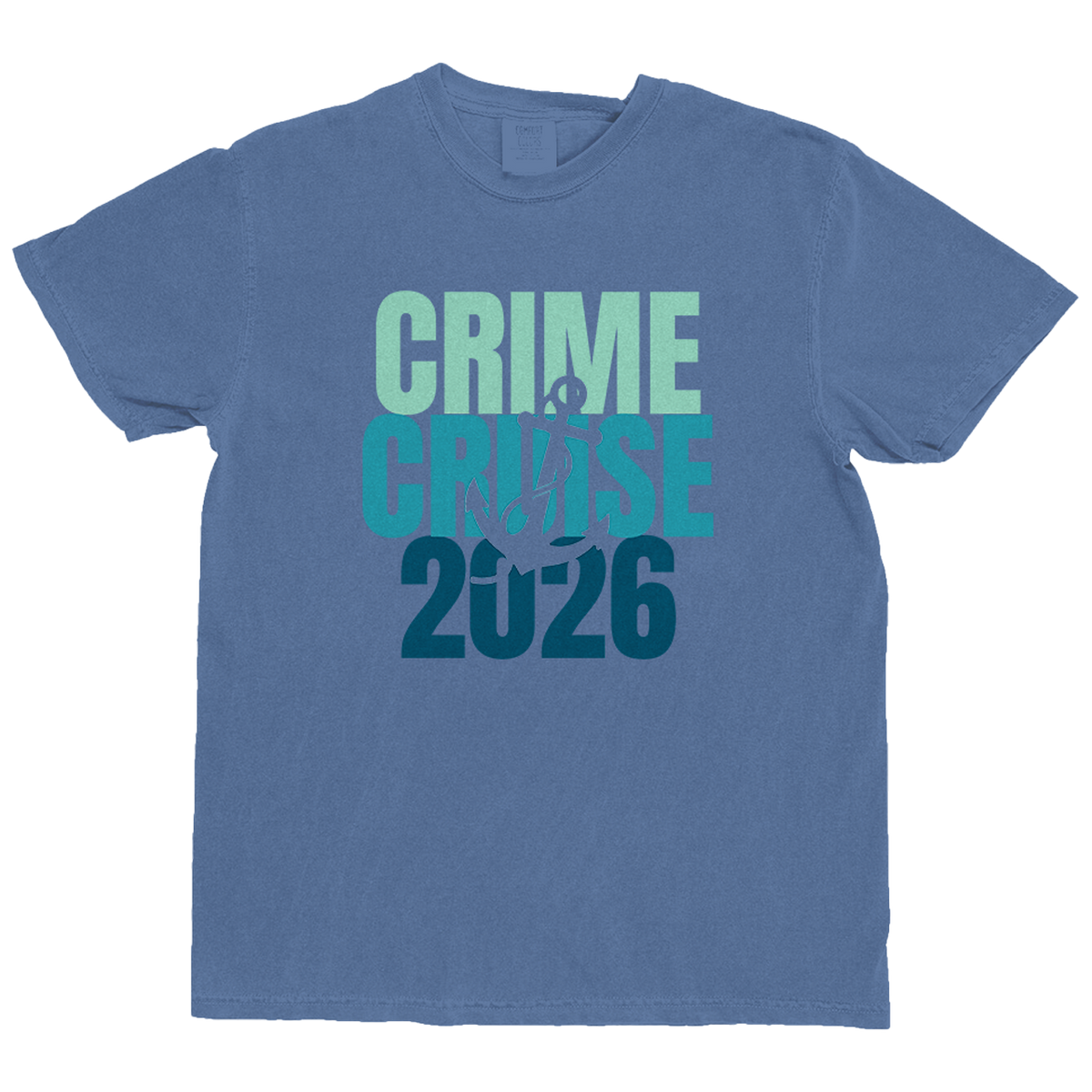 A blue cotton 2026 crimecruise tee with layered teal and navy crimecon official merchandise graphic and anchor design