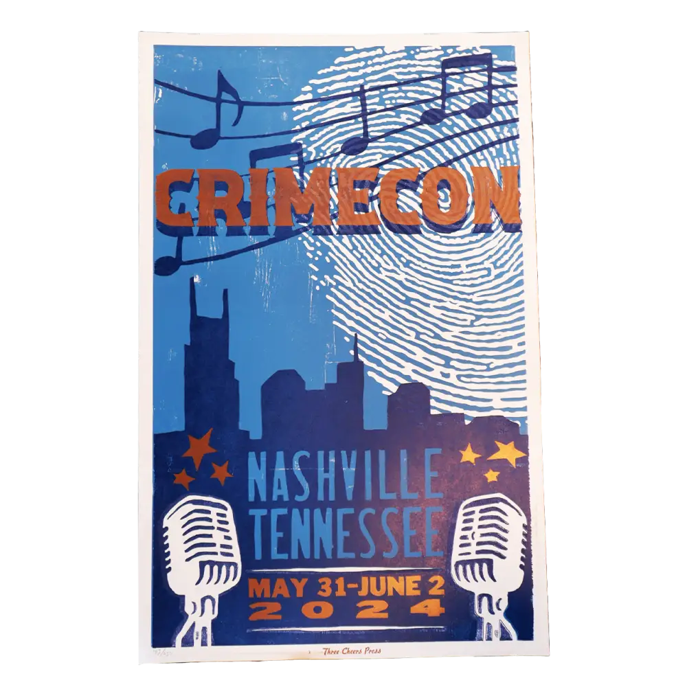 Promotional poster for CrimeCon event in Nashville, Tennessee.