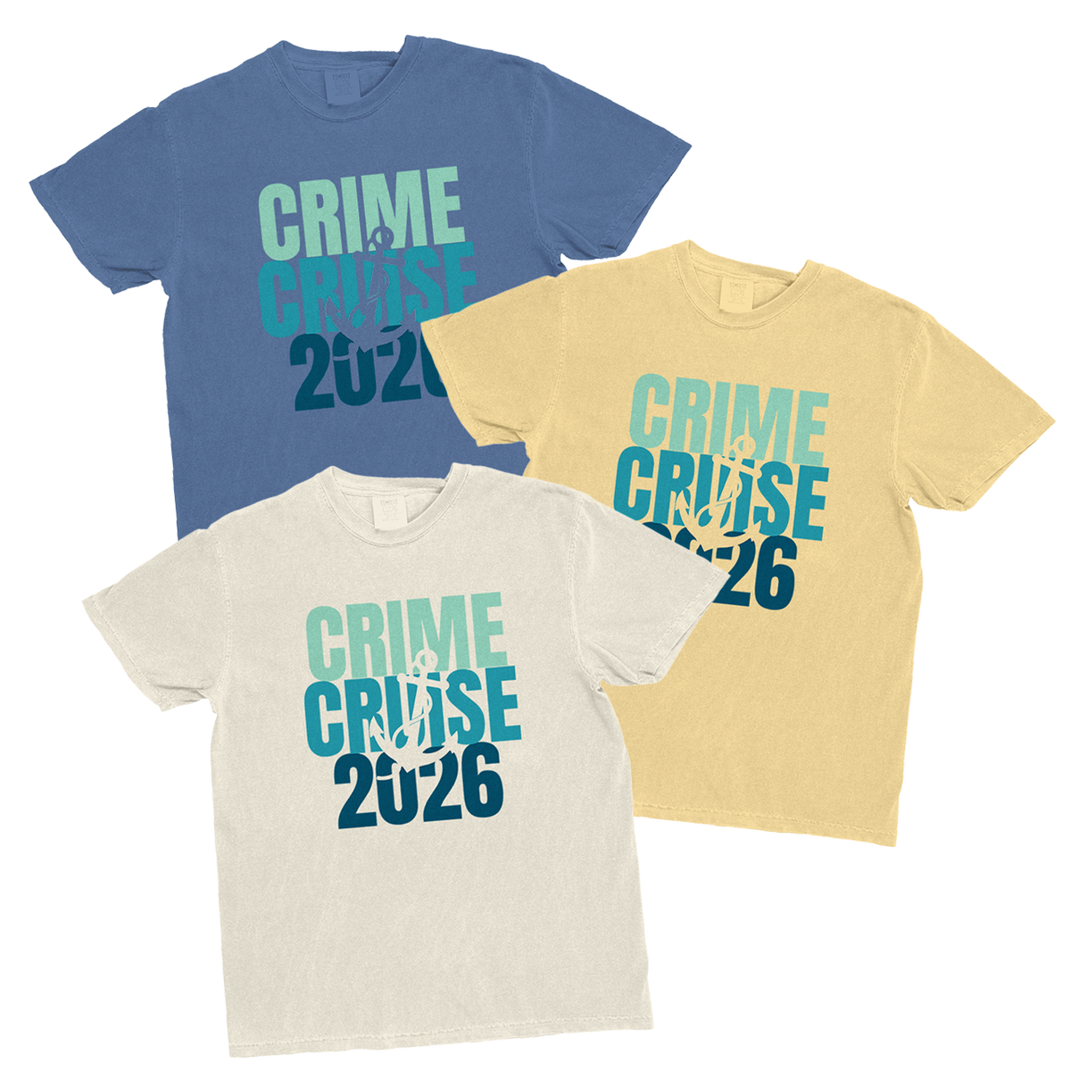 Three short-sleeved crimecruise tee shirts in blue yellow and cream with crimecon official merchandise anchor graphic design