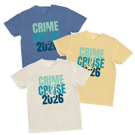 Three short-sleeved crimecruise tee shirts in blue yellow and cream with crimecon official merchandise anchor graphic design