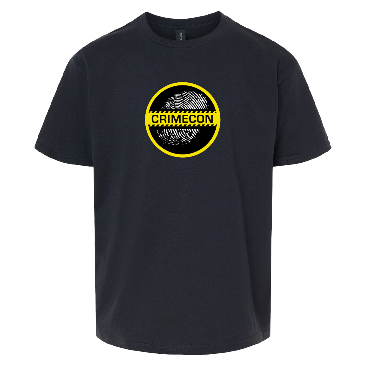 Black t-shirt with a circular yellow and black ’CrimeCon’ logo on the front.