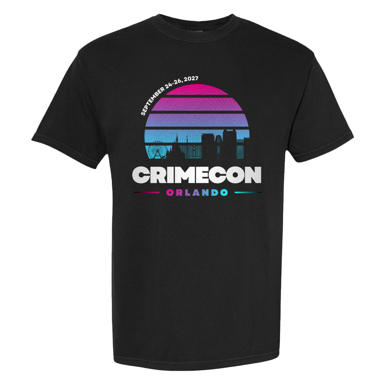 Black t-shirt with 'Crimecon Orlando' graphic design on a white background