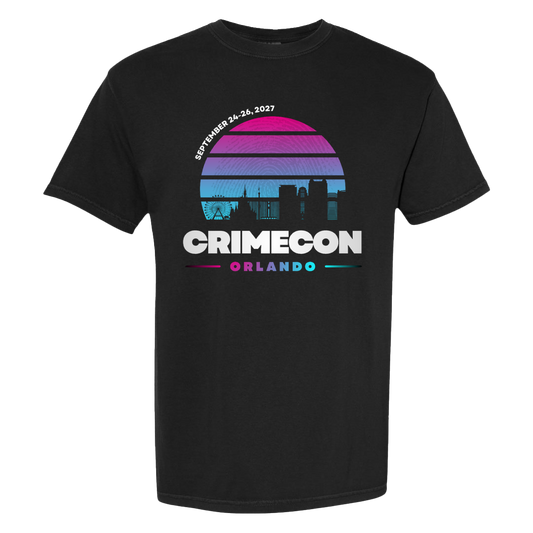 Black t-shirt with 'Crimecon Orlando' graphic design on a white background