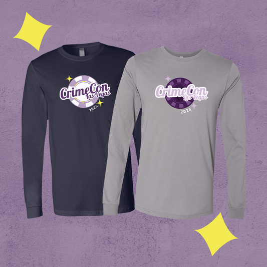 Two long-sleeve shirts with 'CrimeCon Las Vegas 2023' logo on a purple background
