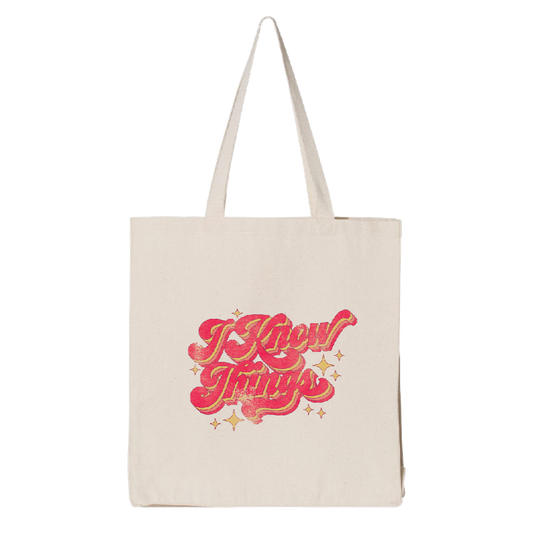 Canvas tote bag with a colorful retro-style graphic design saying ’I Know Things’.