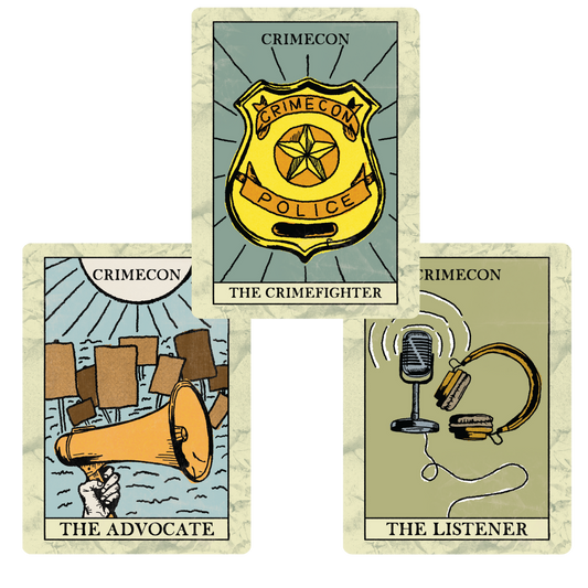Three Crimecon-themed cards with illustrations and text on a white background
