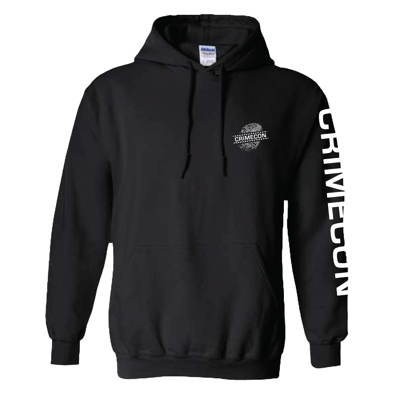 Black hoodie with 'Crimecon' logo and text on a white background