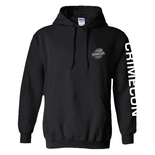 Black hoodie with 'Crimecon' logo and text on a white background