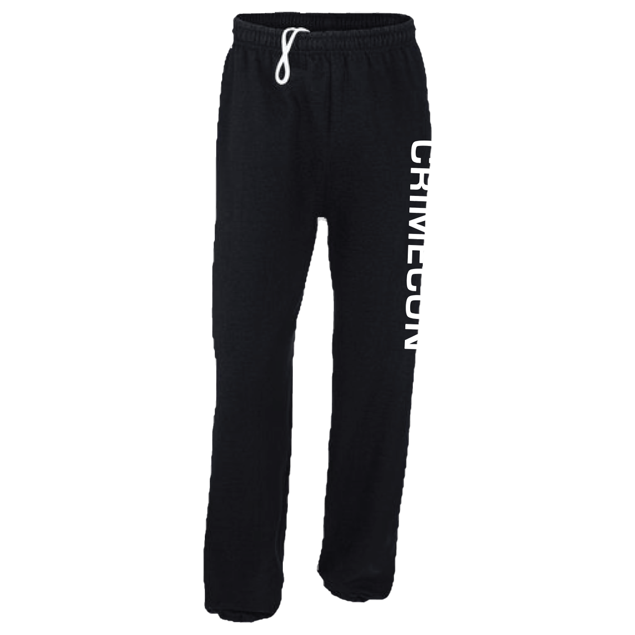Black sweatpants with 'CRIMECON' text on a white background