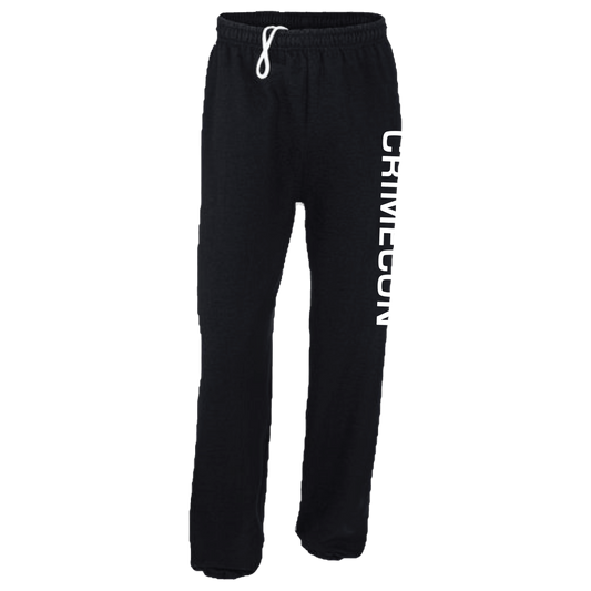 Black sweatpants with 'CRIMECON' text on a white background