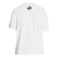 White t-shirt with a small circular logo on the upper back.