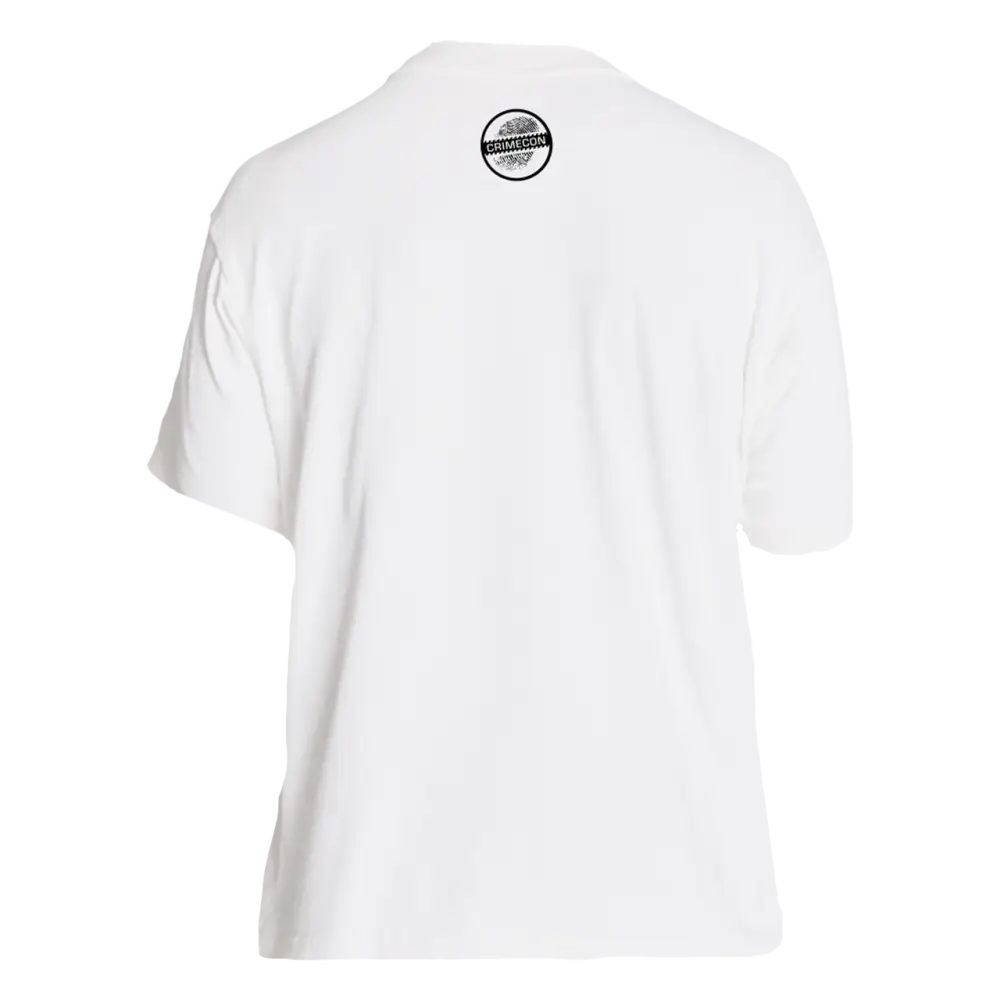 White t-shirt with a small circular logo on the upper back.