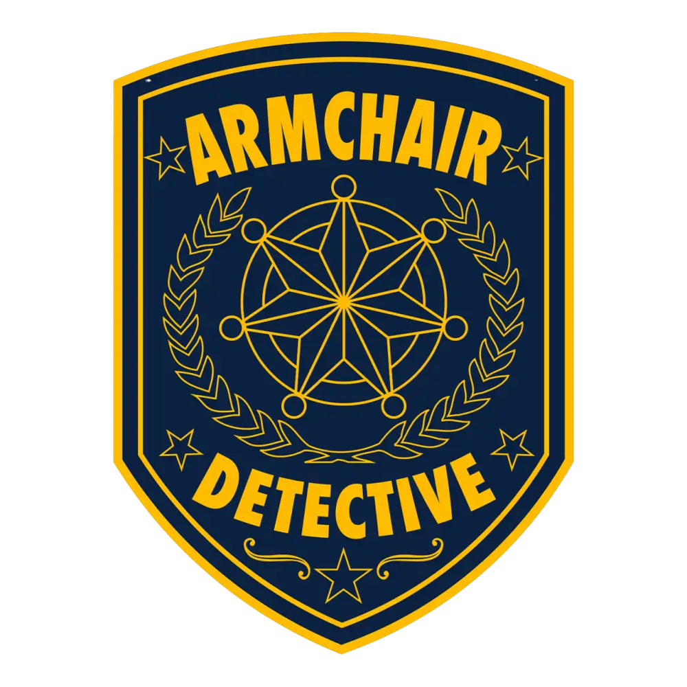 Badge-shaped emblem with ’ARMCHAIR DETECTIVE’ text and a stylized star design.