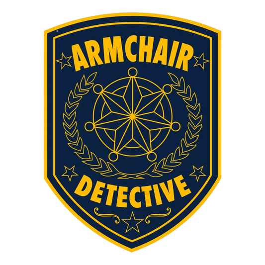 Badge-shaped emblem with ’ARMCHAIR DETECTIVE’ text and a stylized star design.