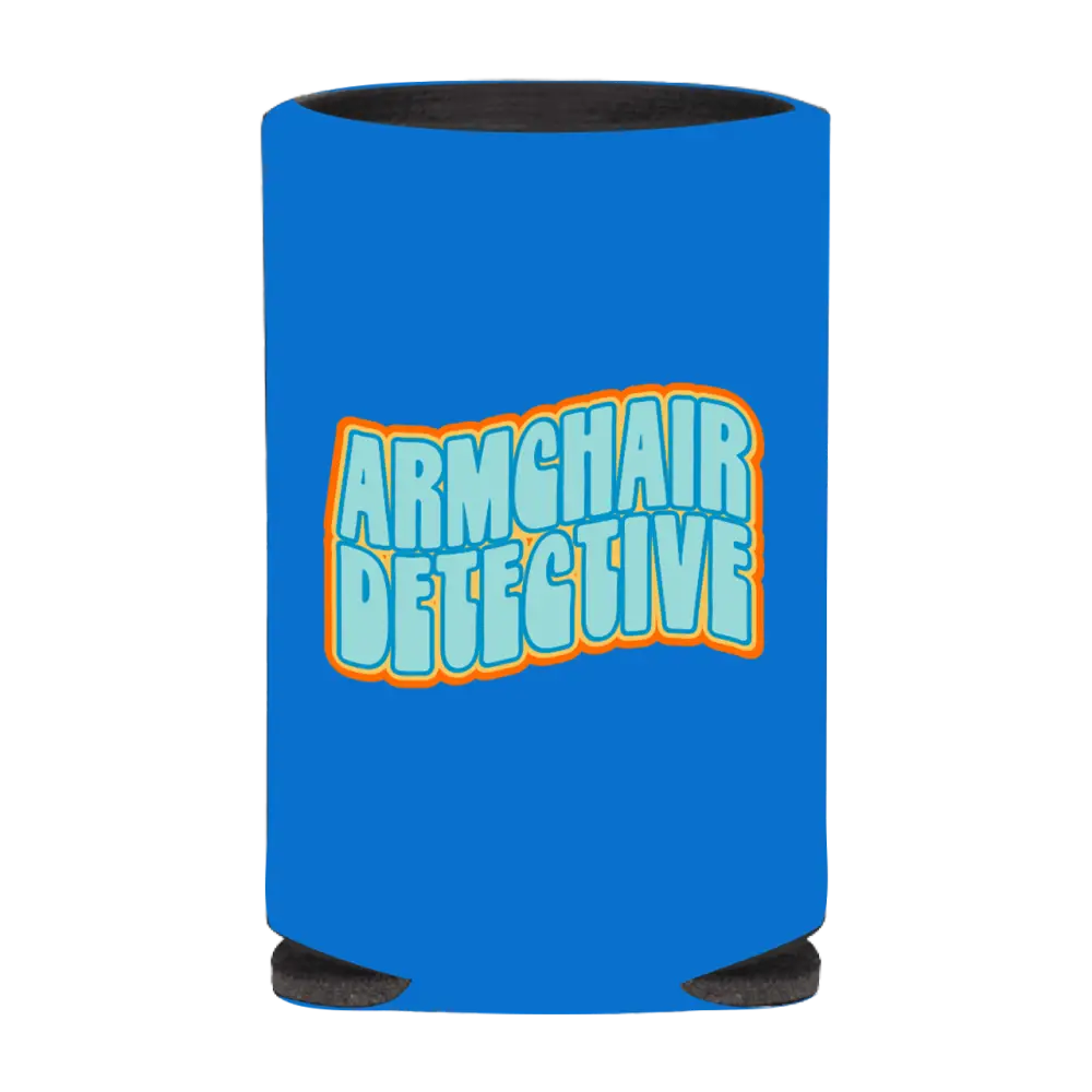 Blue can cooler with ’Armchair Detective’ text in retro-style lettering.