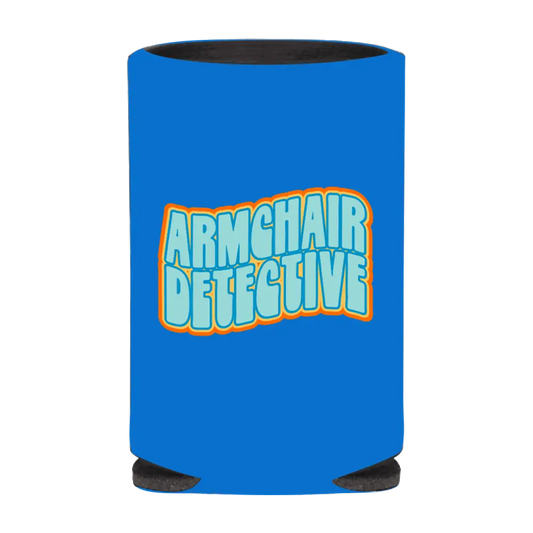 Blue can cooler with ’Armchair Detective’ text in retro-style lettering.