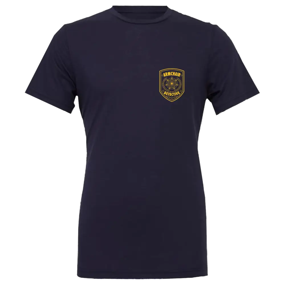 Navy blue t-shirt with a small embroidered patch on the left chest area.