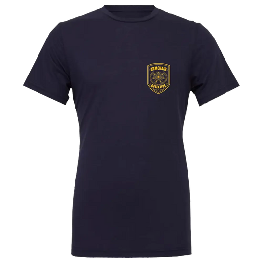 Navy blue t-shirt with a small embroidered patch on the left chest area.