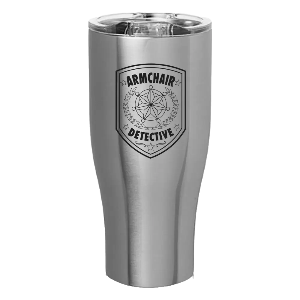 Stainless steel tumbler with ’Armchair Detective’ logo and shield design.