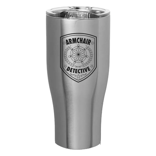 Stainless steel tumbler with ’Armchair Detective’ logo and shield design.