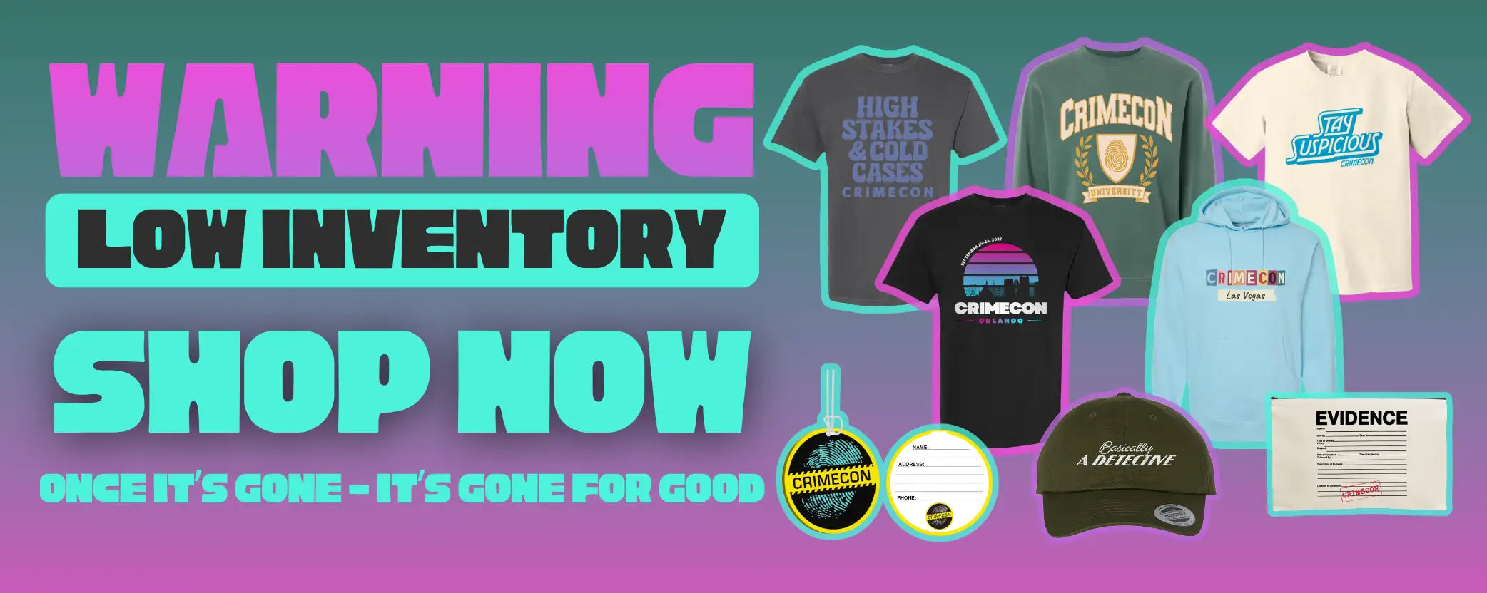 Black t-shirt with a sunset design and ’crimecon’ printed in white text across the chest.