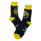 Pair of black and yellow socks with a circular logo design.