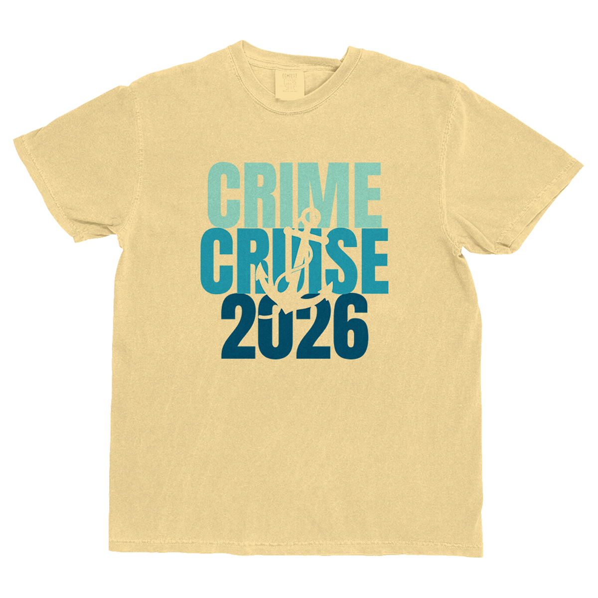 Pale yellow short-sleeved 2026 crimecruise tee with bold teal and navy anchor graphic from official crimecon store