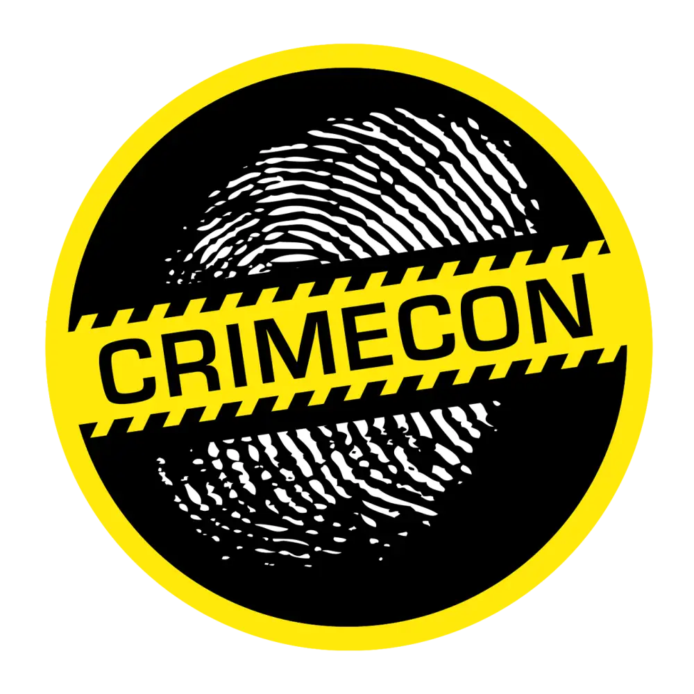 Circular logo featuring a fingerprint and the word ’CRIMECON’ on a yellow and black background.