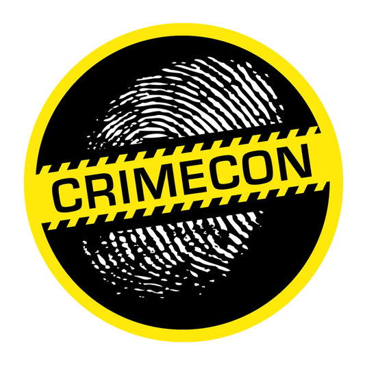 Circular logo featuring a fingerprint and the word ’CRIMECON’ on a yellow and black background.