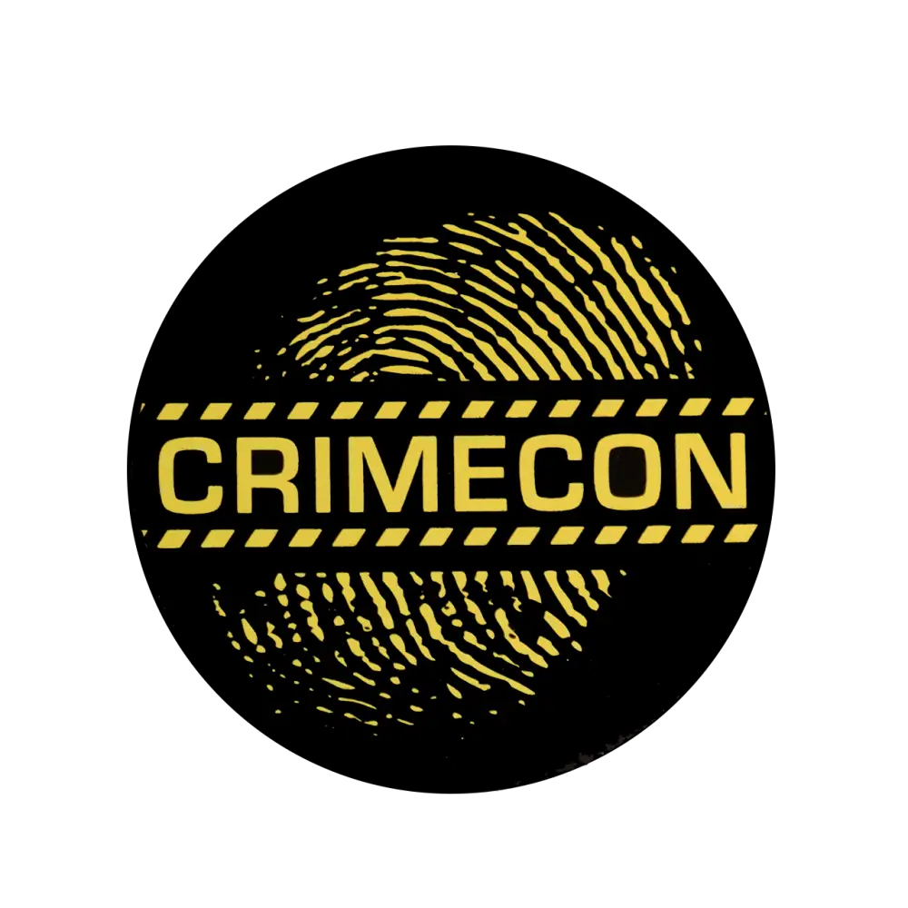 Circular logo featuring a yellow fingerprint and the word ’CRIMECON’ on a black background.