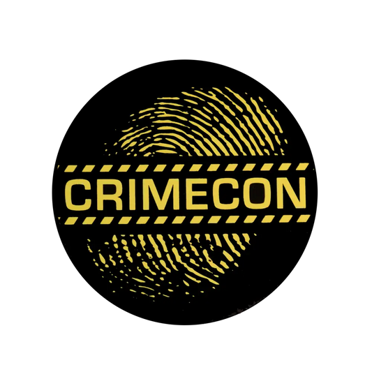 Circular logo featuring a yellow fingerprint and the word ’CRIMECON’ on a black background.