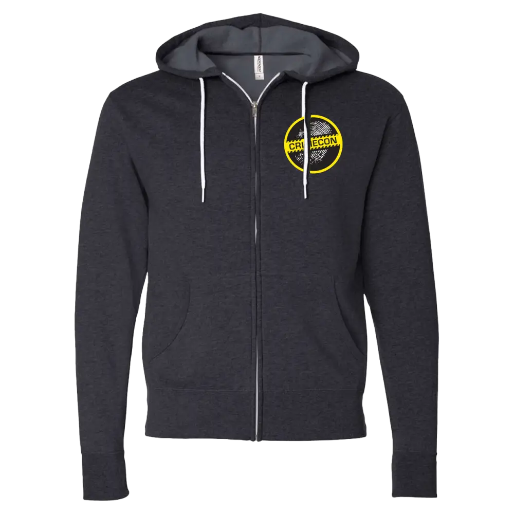 Dark gray zip-up hoodie with a yellow circular logo on the chest.