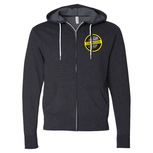 Dark gray zip-up hoodie with a yellow circular logo on the chest.