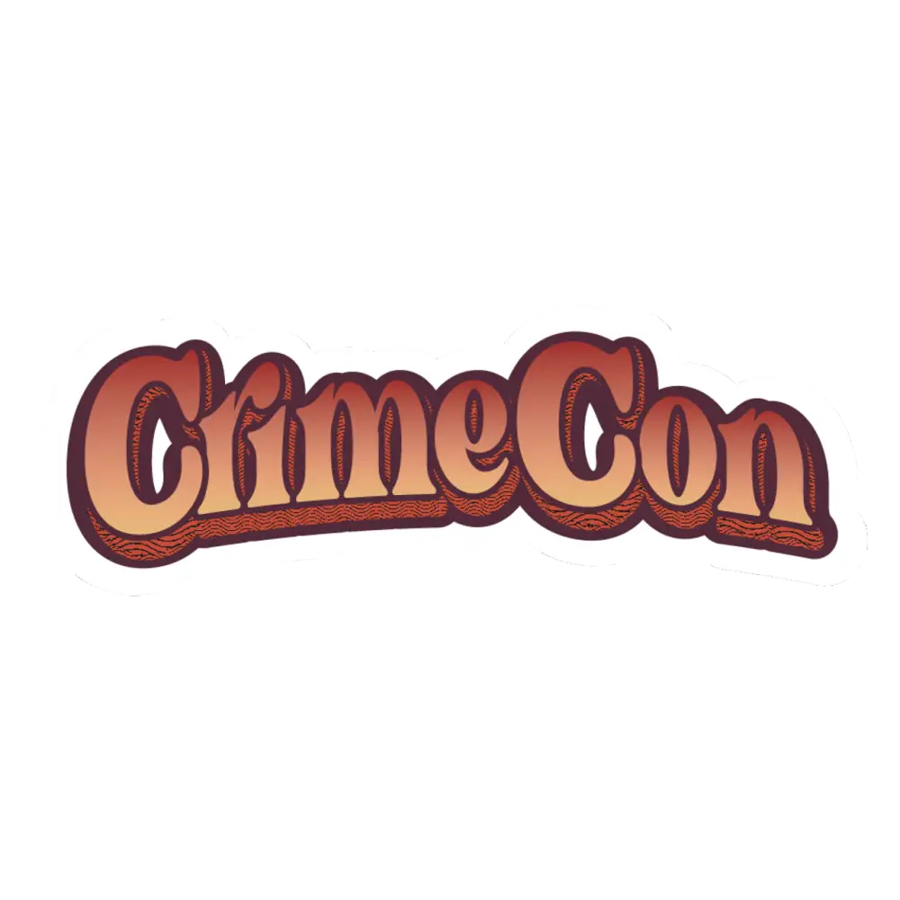 Retro-style text logo spelling out ’CrimeCon’ in orange and brown tones.