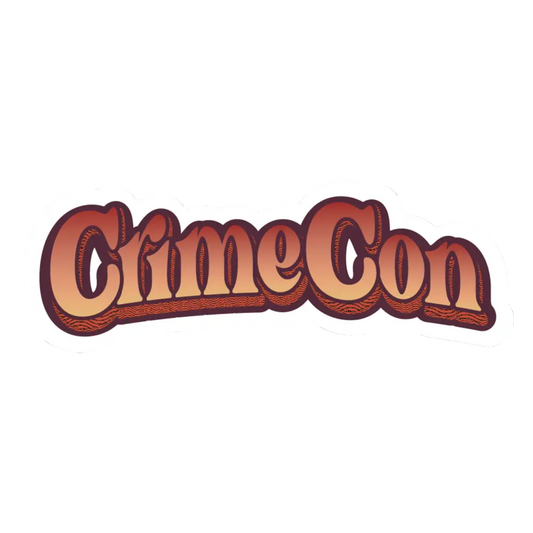 Retro-style text logo spelling out ’CrimeCon’ in orange and brown tones.