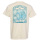 Beige t-shirt with a teal cruise ship design on the back.