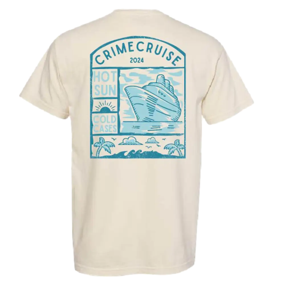 Beige t-shirt with a teal cruise ship design on the back.