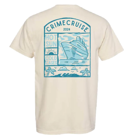 Beige t-shirt with a teal cruise ship design on the back.