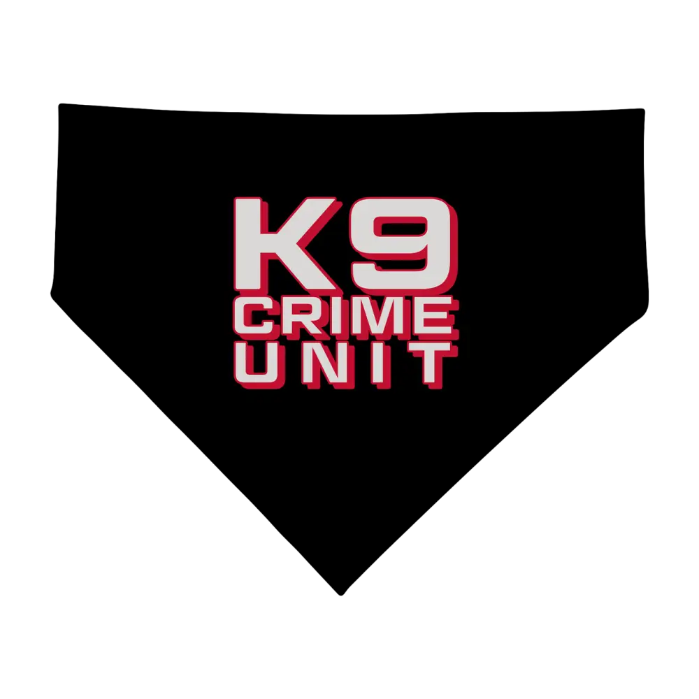 Black bandana or dog collar with ’K9 CRIME UNIT’ text in red and white lettering.