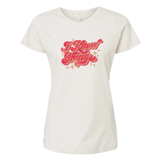 White t-shirt with red retro-style ’I Love Gangs’ text graphic on the front.