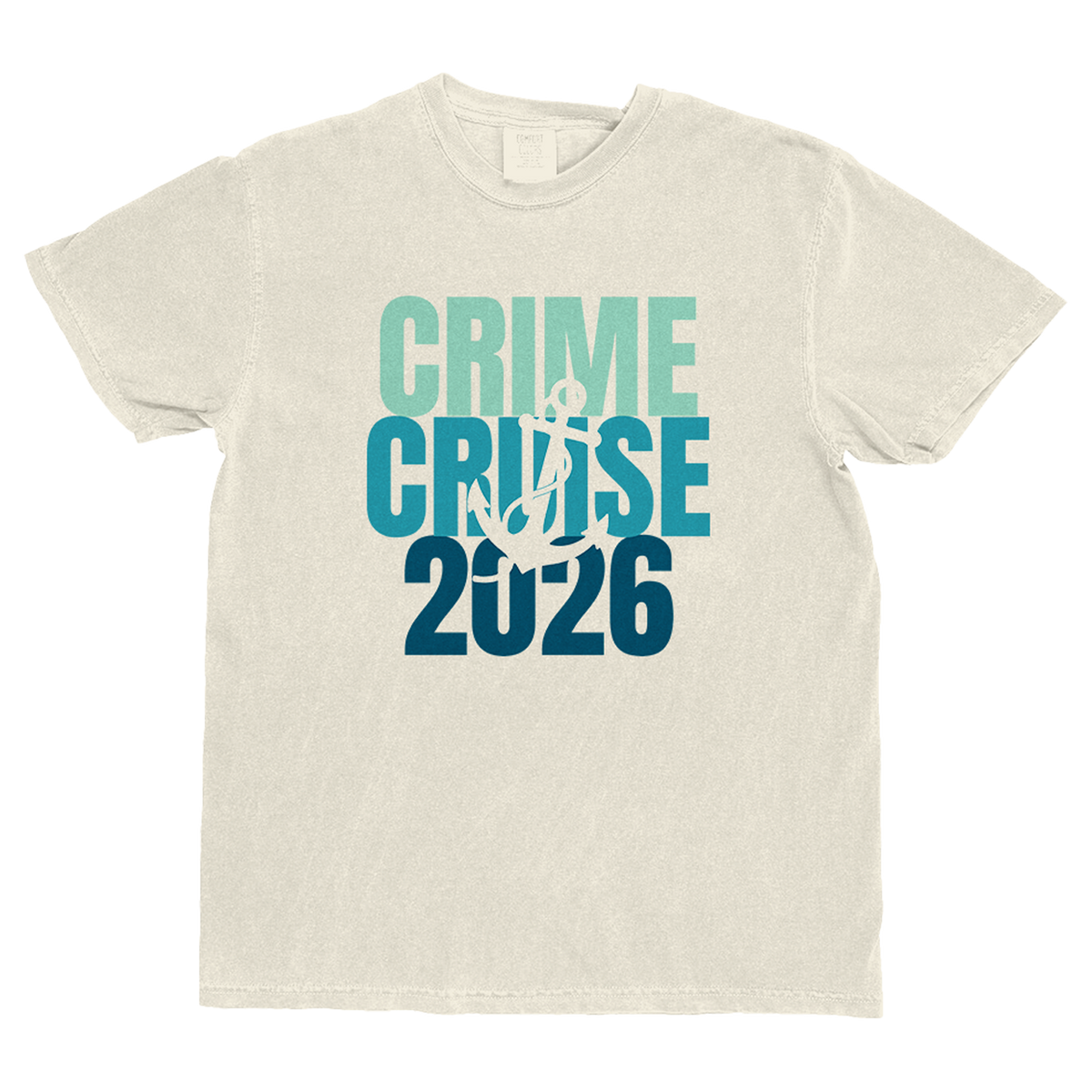 Off-white cotton crimecruise tee with teal and navy crime cruise 2026 text and white anchor for crimecon merch