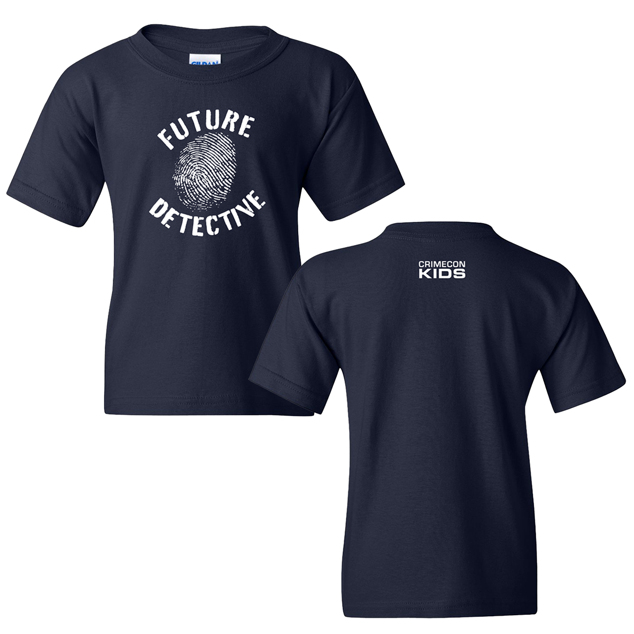 Navy blue t-shirt with ’Future Detective’ text and fingerprint graphic on the front.