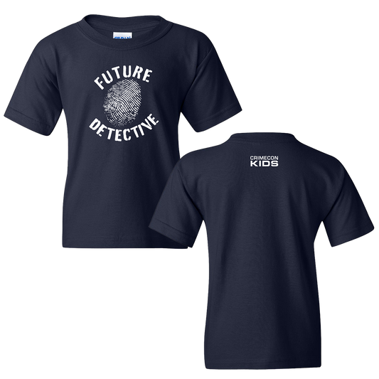 Navy blue t-shirt with ’Future Detective’ text and fingerprint graphic on the front.