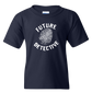 Navy blue t-shirt with ’FUTURE DETECTIVE’ text and a fingerprint graphic printed in white on the front.