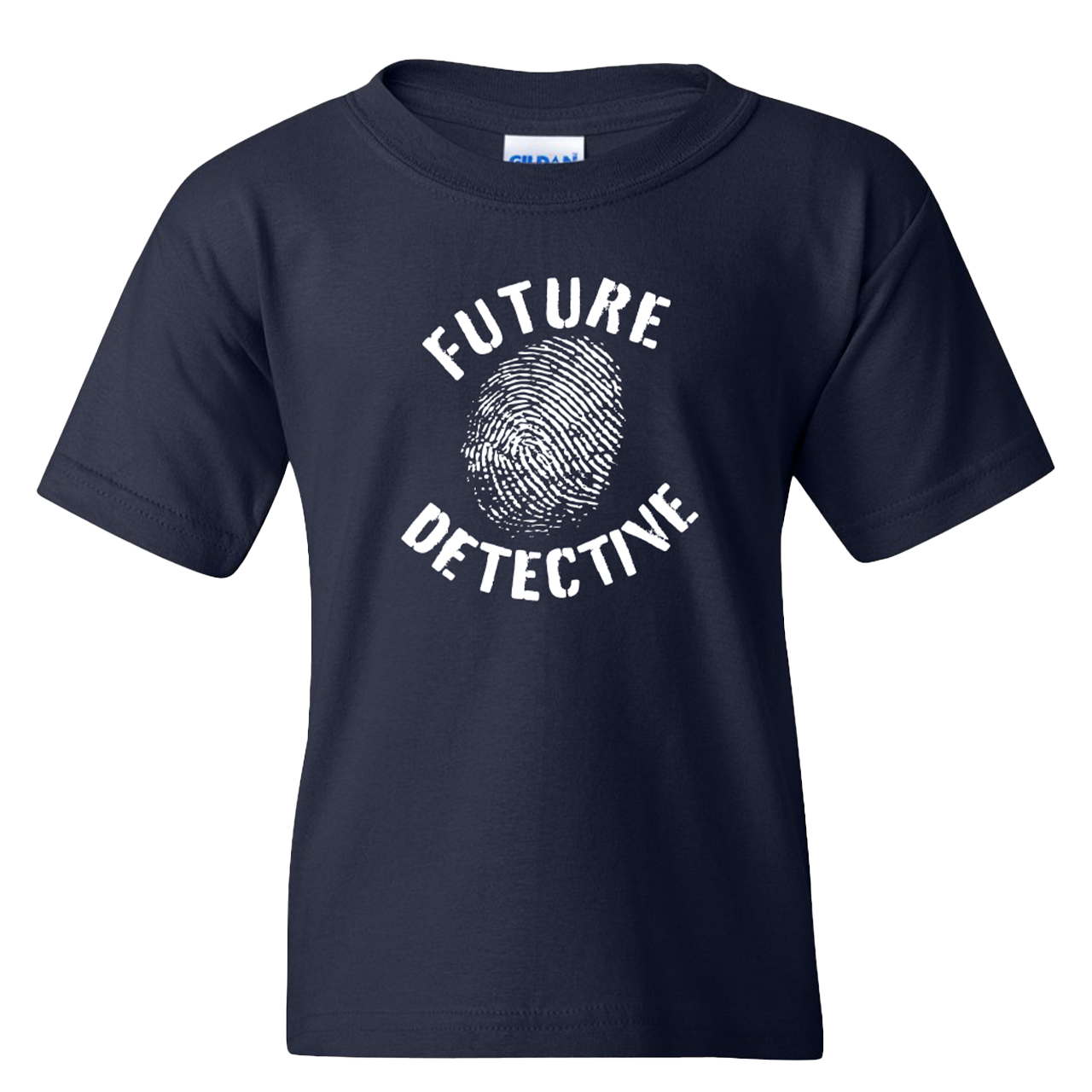 Navy blue t-shirt with ’FUTURE DETECTIVE’ text and a fingerprint graphic printed in white on the front.