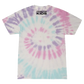 Tie-dye t-shirt with ’CRIMEFDN KIDS’ text printed on it.