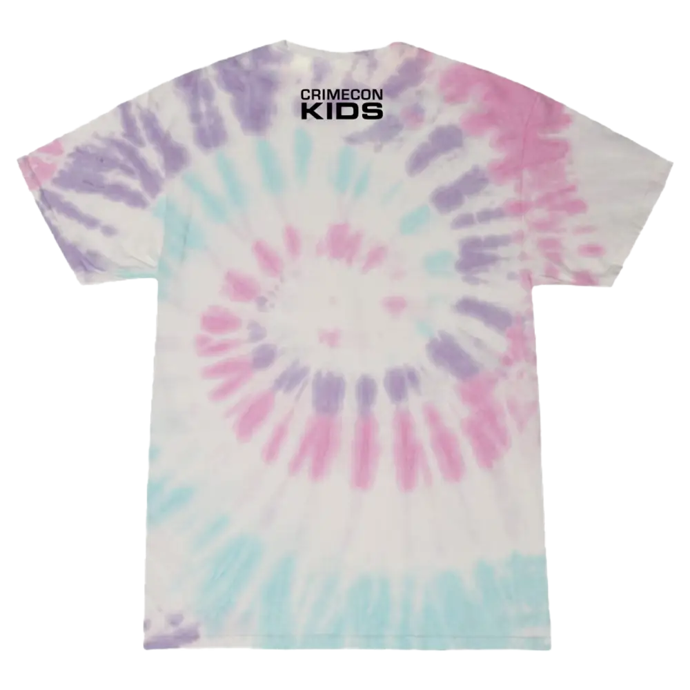 Tie-dye t-shirt with ’CRIMEFDN KIDS’ text printed on it.